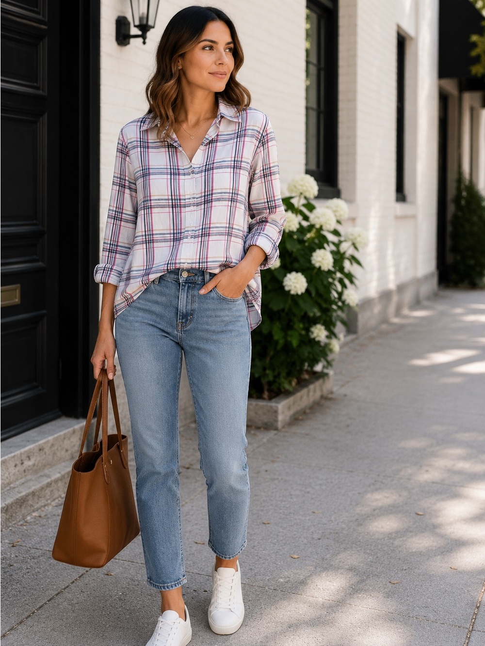 LOFT Pink Plaid Button-Down Shirt | Roll Tab Sleeves | Size M
